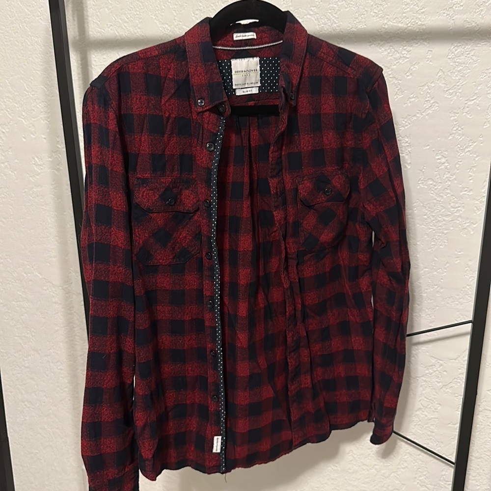 Men’s small slim Denim & Flower flannel button down